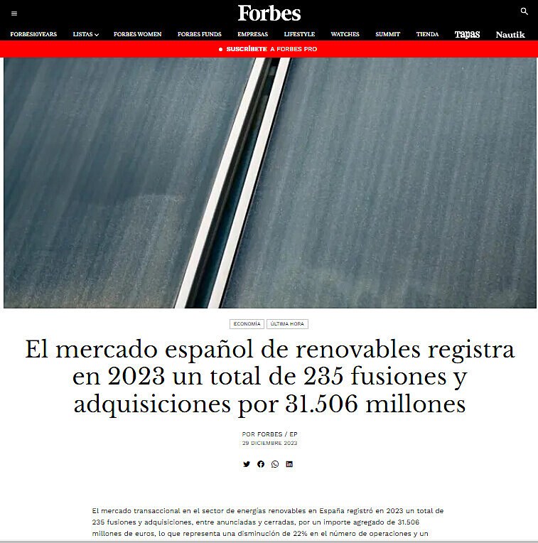 El mercado espaol de renovables registra en 2023 un total de 235 fusiones y adquisiciones por 31.506 millones